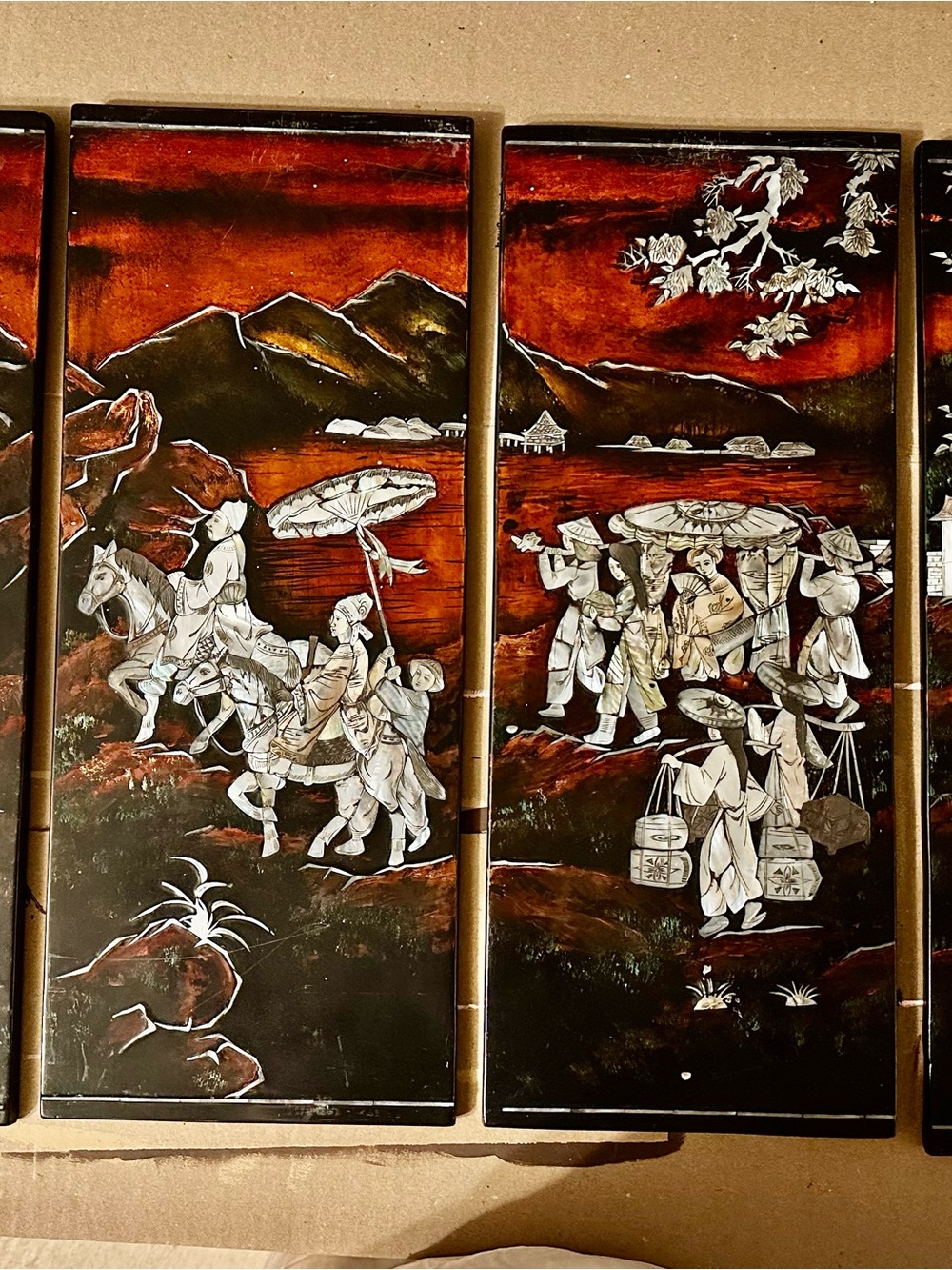 Vintage Asian Lacquer Mother-of-Pearl Wall Panels